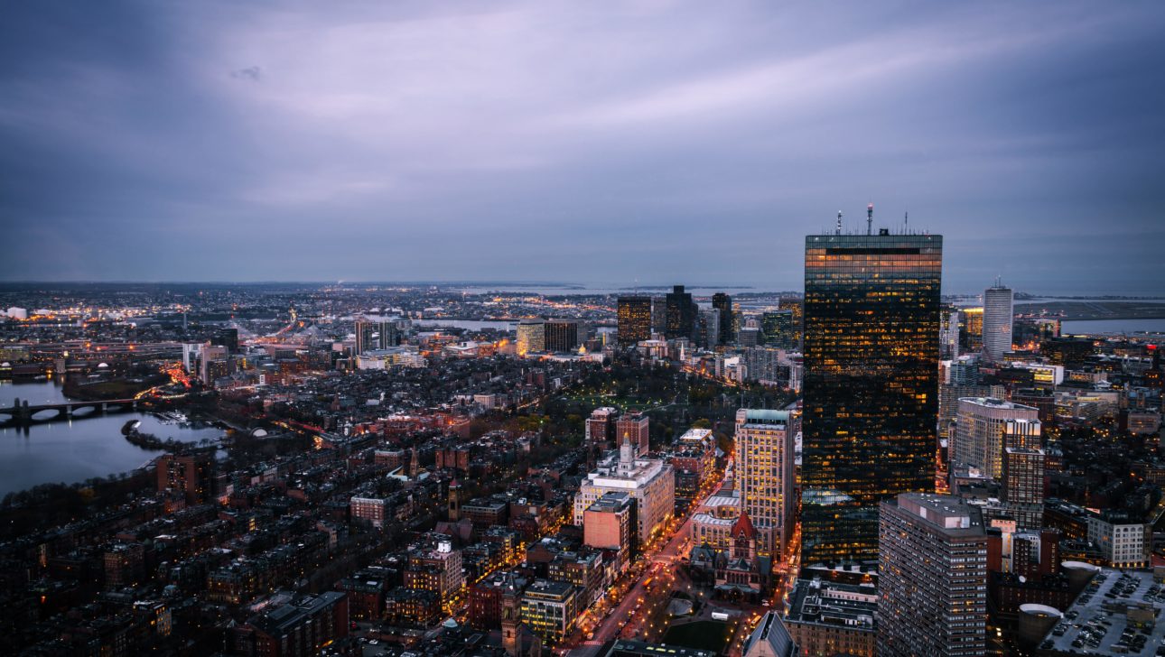 An aerial view of Boston during the evening.